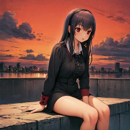 1678597094692825-1073627728-red theme, Miyuki, red eyes, black hair, hairband, collared dress, sitting on rooftop, cloudky sky, surreal.png